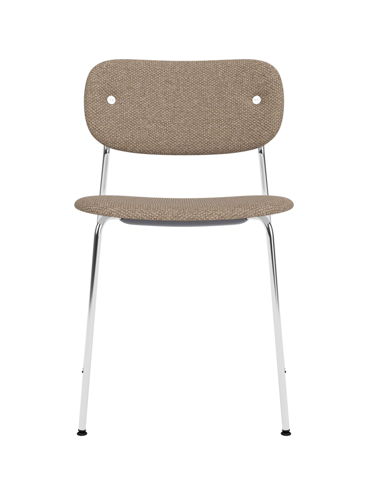 Fully upholstered Co Dining Chair with a sleek chrome frame and textured Logan Flint fabric in a front-facing view.