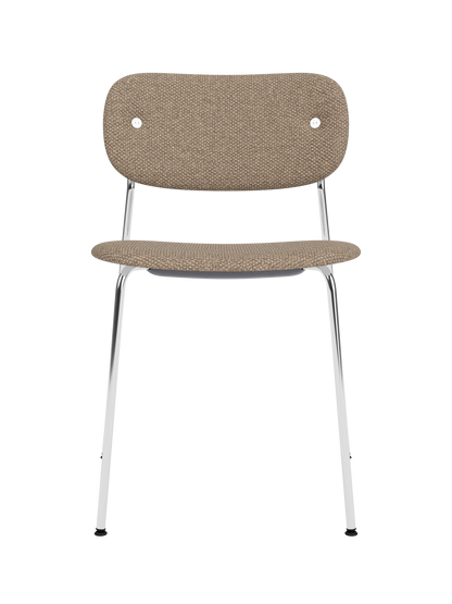 Fully upholstered Co Dining Chair with a sleek chrome frame and textured Logan Flint fabric in a front-facing view.