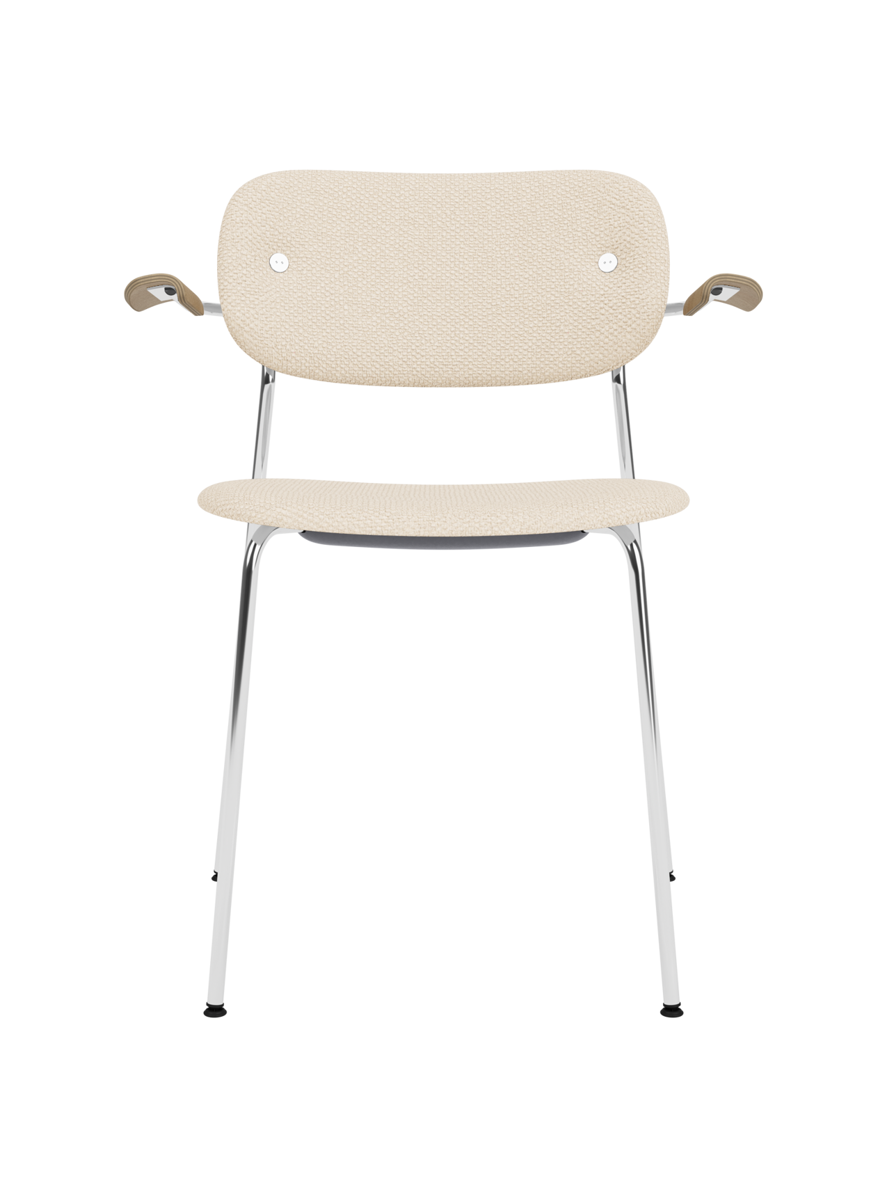 Fully upholstered Co Dining Chair in Logan Jasmine fabric with natural oak armrests and a polished chrome frame.