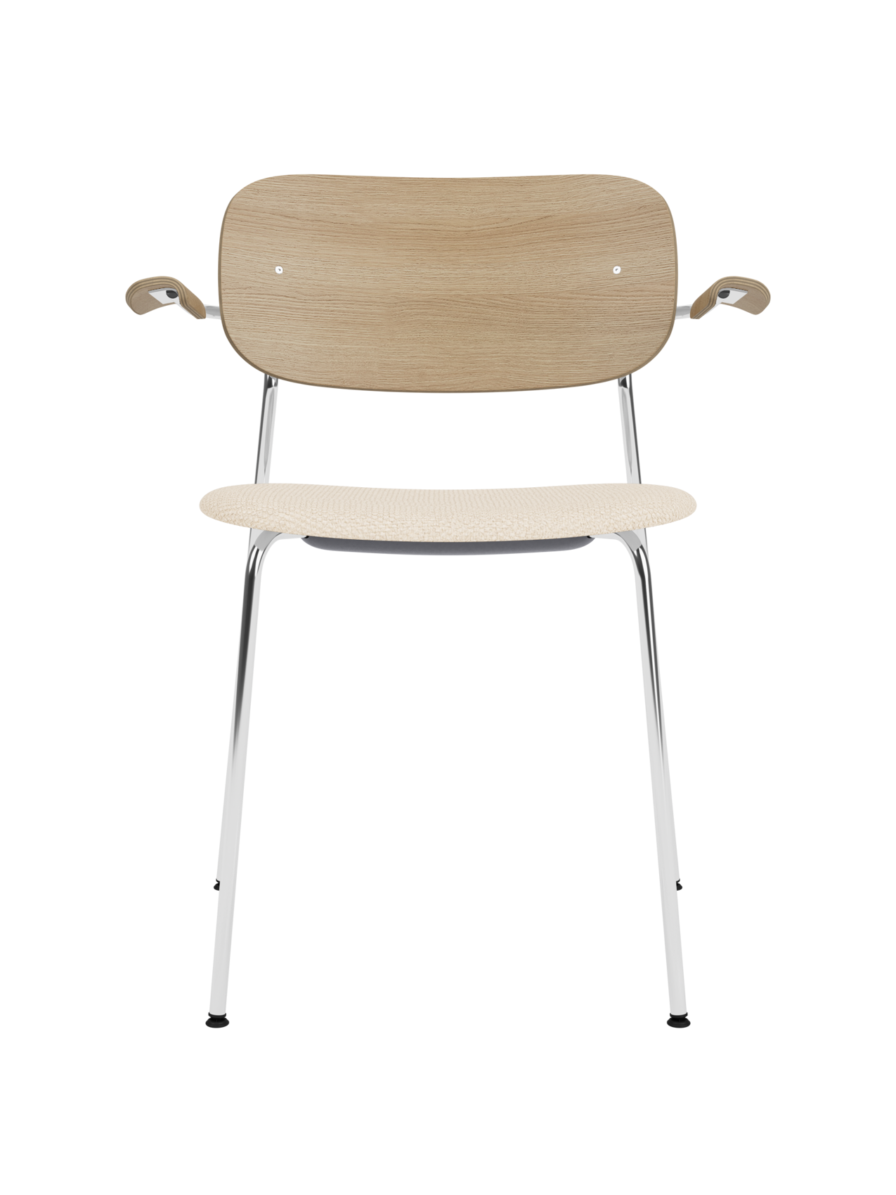 Co Dining Chair with a chrome frame, natural oak backrest and Logan Jasmin upholstered seat and armrests.