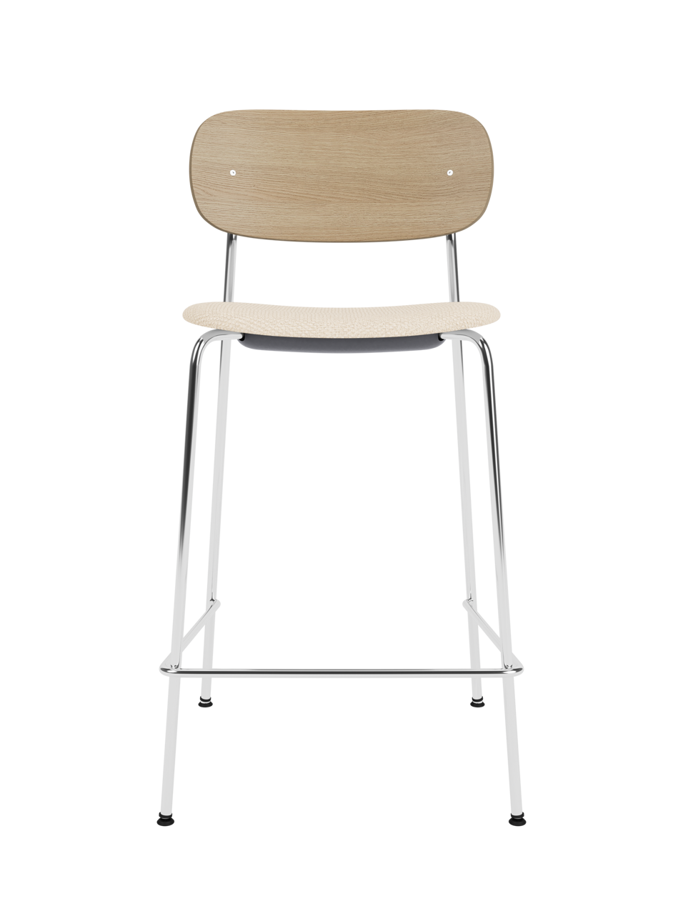 Co Counter Chair with a chrome steel frame, natural oak wood back, and Logan Jasmine upholstered seat.