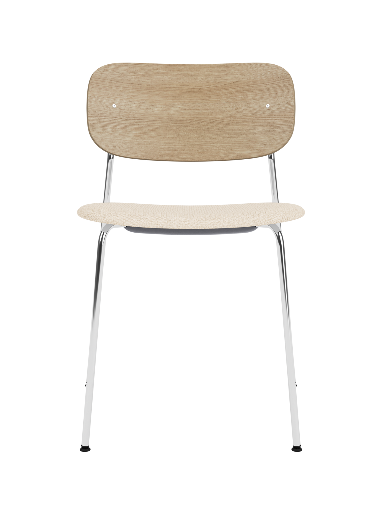 Co Dining Chair with a chrome frame, curved natural oak back and a beige Logan Jasmine upholstered seat.