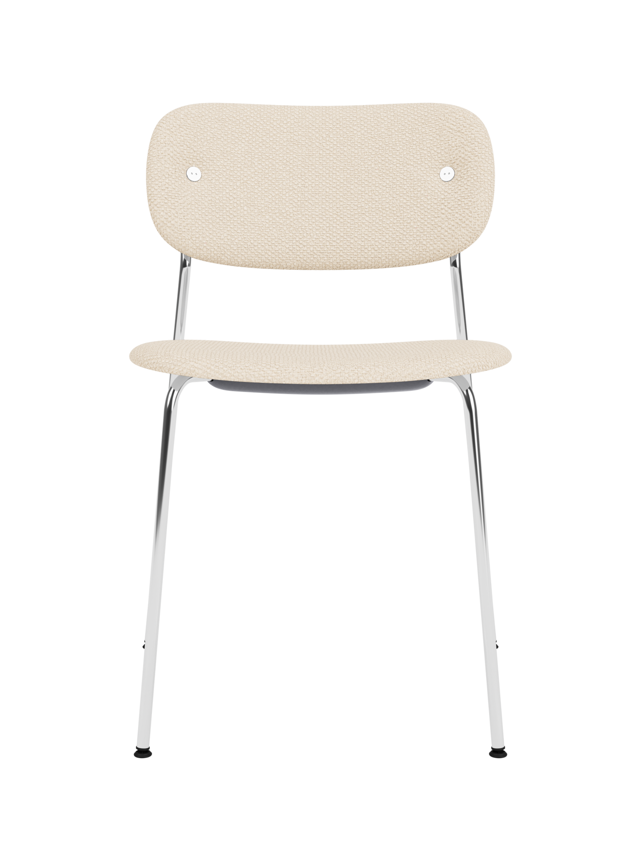 Fully upholstered Co Dining Chair in Logan Jasmine fabric with a minimalist chrome frame and curved backrest.
