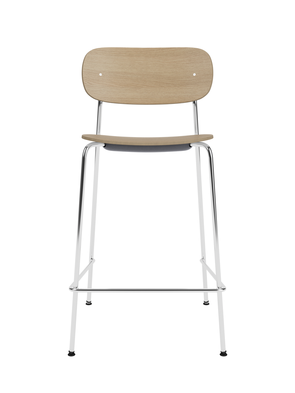 Co Counter Chair in natural oak veneer with a chrome steel frame shown against a solid black background.