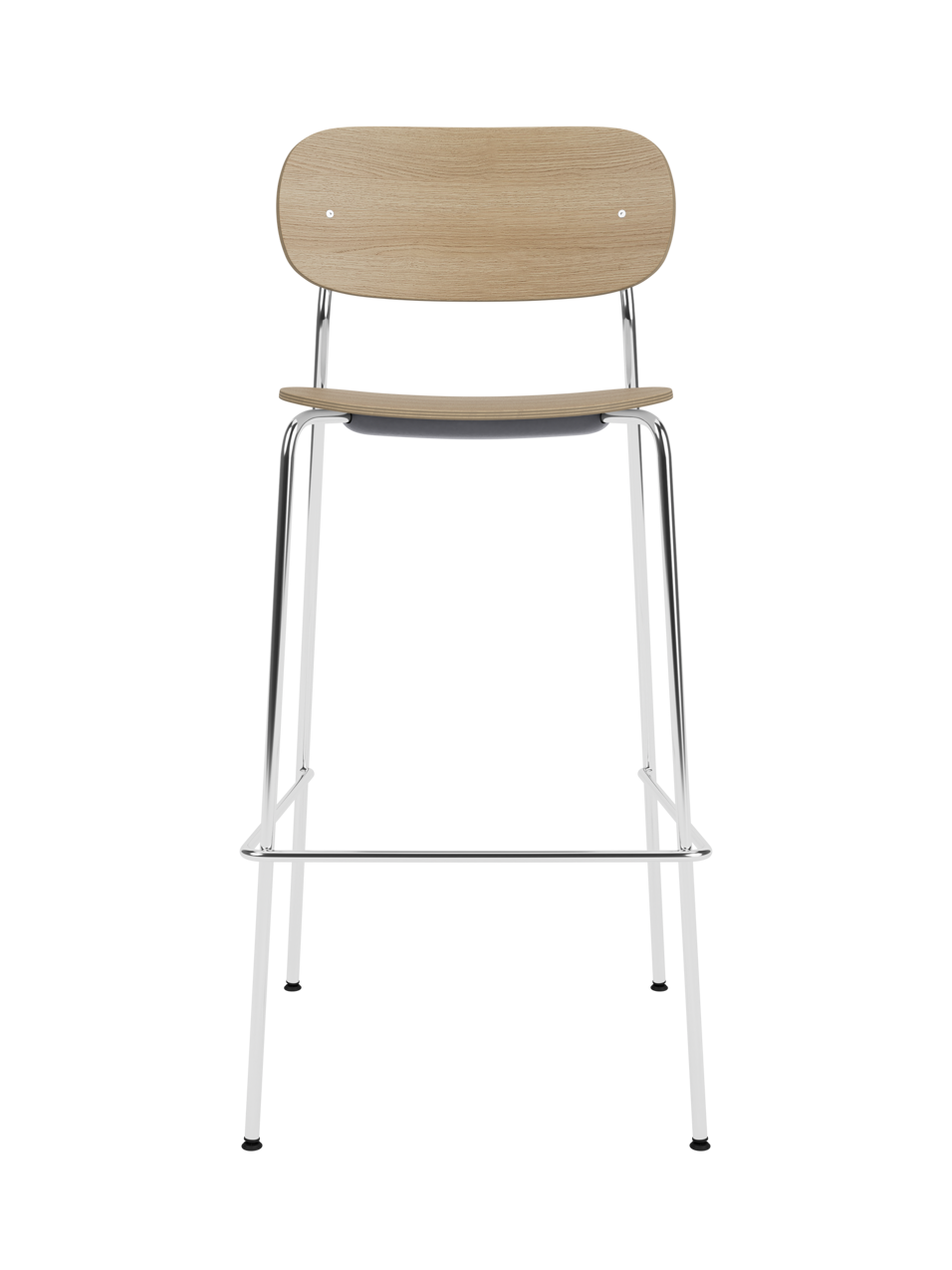 Co Bar Chair, Veneer in natural oak with a chrome steel frame, shown from a front angle on a black background.