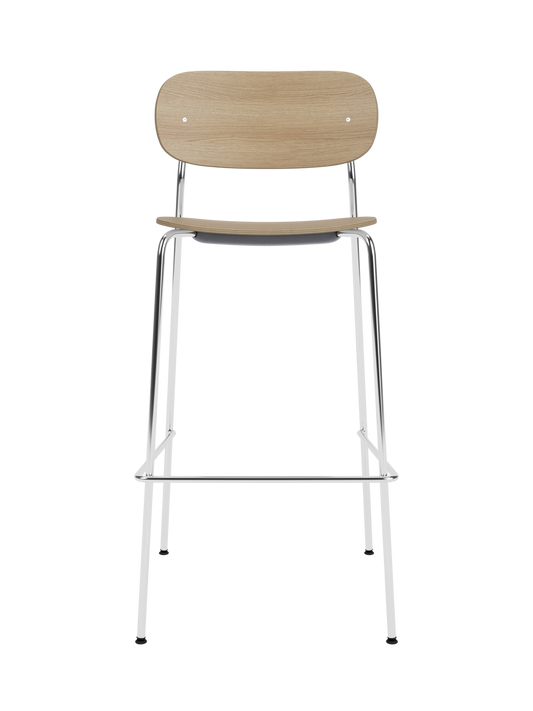 Co Bar Chair, Veneer in natural oak with a chrome steel frame, shown from a front angle on a black background.