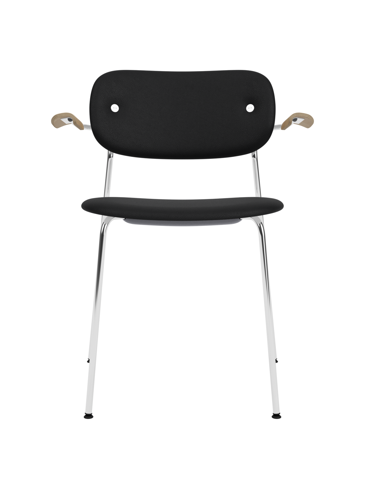 Fully upholstered Co Dining Chair with black Sierra 1001 leather, natural oak armrests and chrome legs.