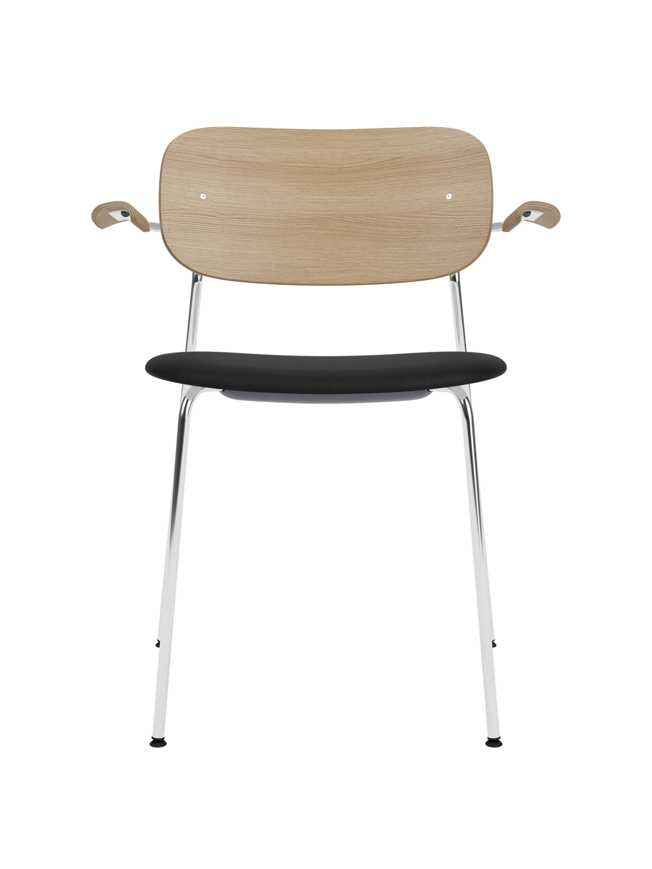 Co Dining Chair with a chrome frame, natural oak backrest and armrests, and a black Sierra leather upholstered seat.
