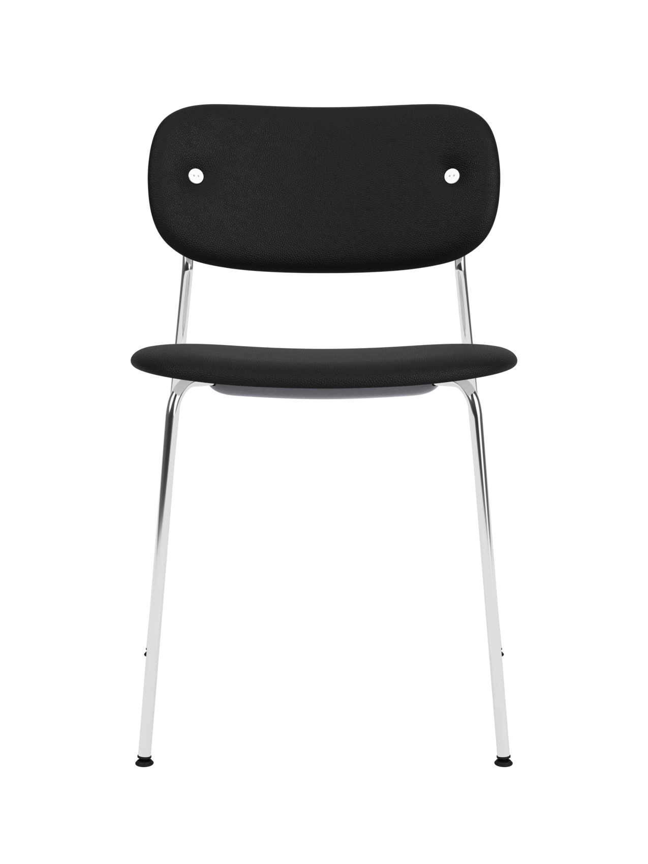 Fully upholstered Co Dining Chair with black Sierra leather seat and backrest on a slender chrome base.