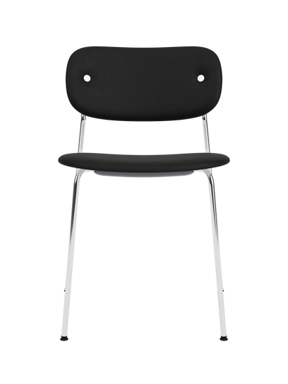 Fully upholstered Co Dining Chair with black Sierra leather seat and backrest on a slender chrome base.