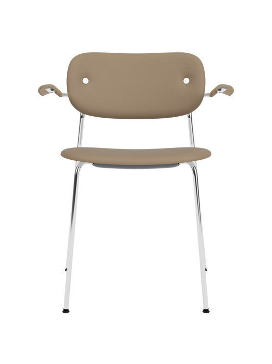 Co Dining Chair with tan Sierra leather upholstery, natural oak armrests and a polished chrome frame.