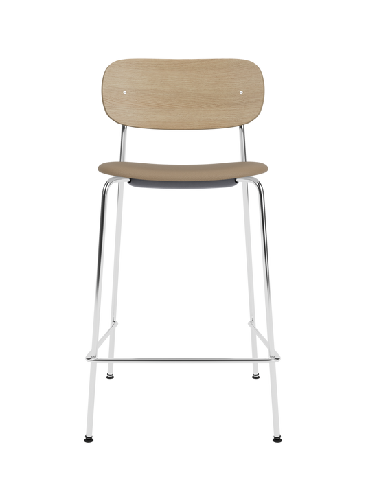 Co Counter Chair with natural oak back, upholstered seat and chrome steel frame.