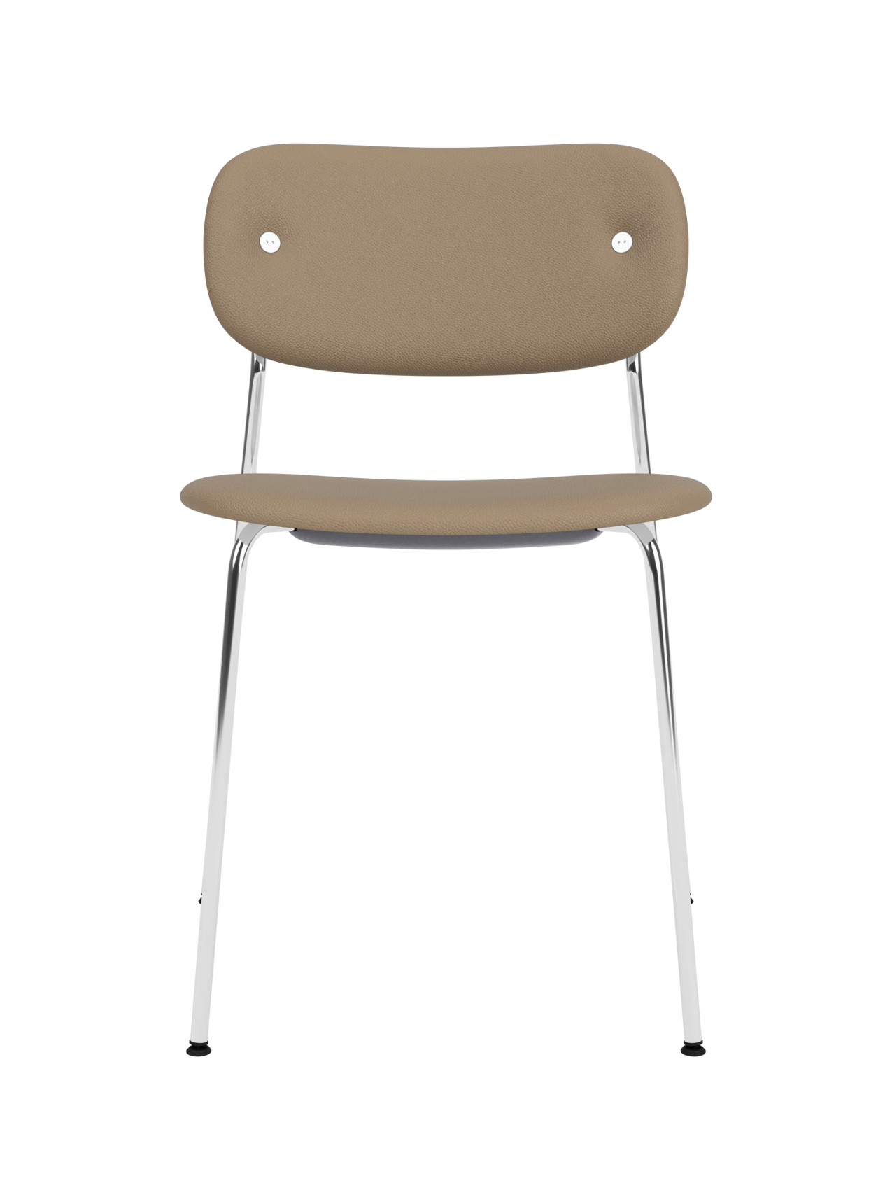Fully upholstered Co Dining Chair in tan Sierra 1611 leather with a polished chrome frame.