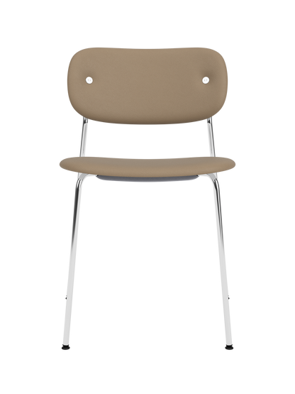 Fully upholstered Co Dining Chair in tan Sierra 1611 leather with a polished chrome frame.