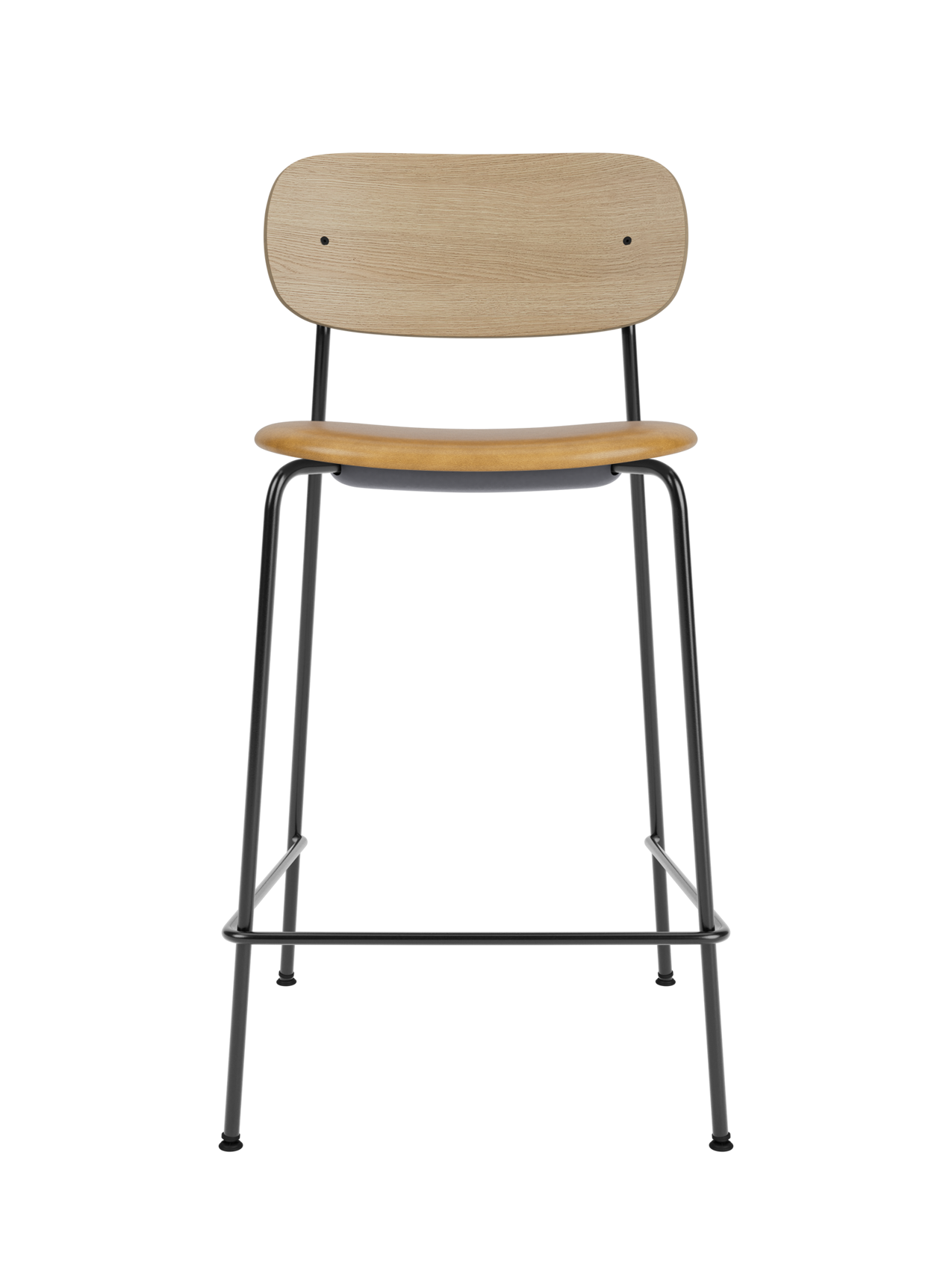 Co Counter Chair featuring a natural oak backrest and tan leather seat on a slim black powder-coated steel frame.