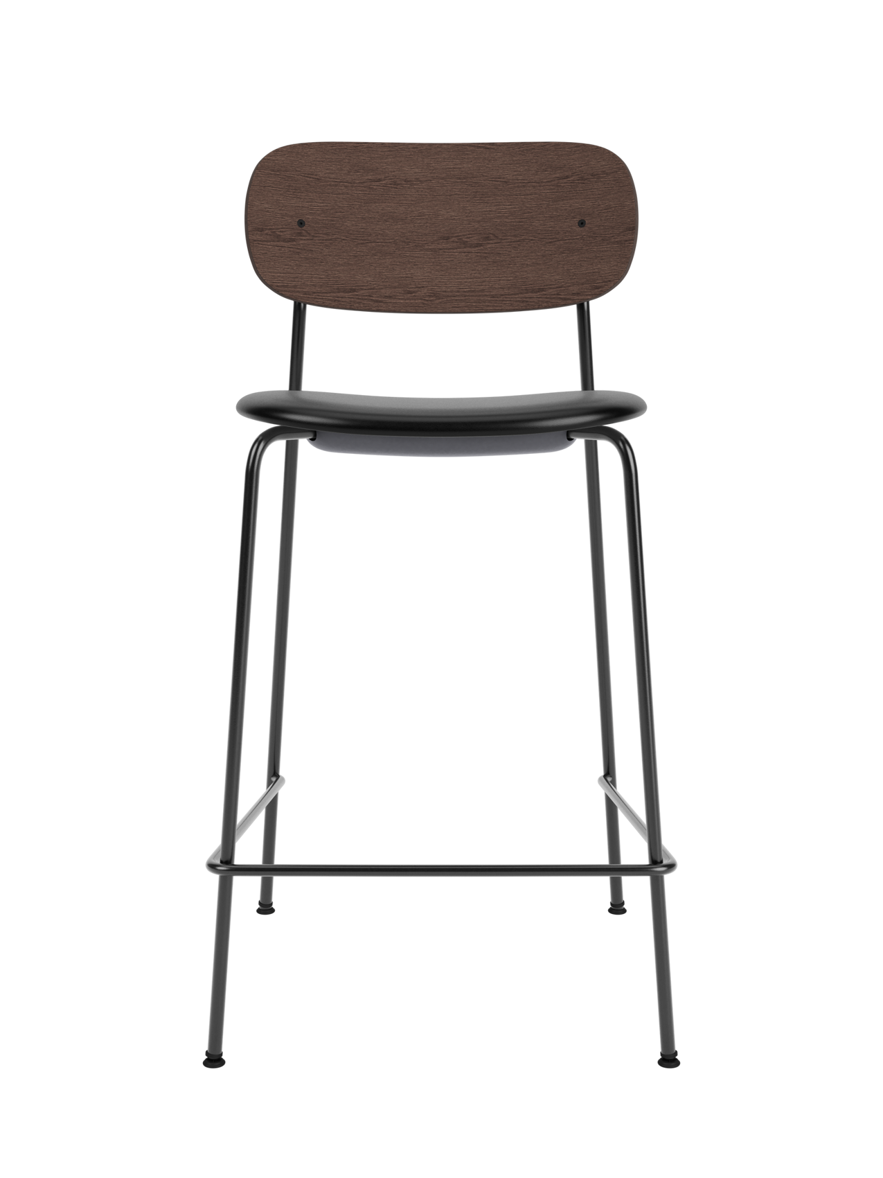 Co Counter Chair with a dark stained oak back and black upholstered seat on a slender black steel frame with footrest.