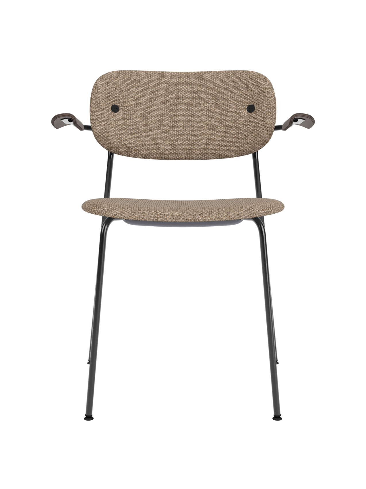 Logan Flint upholstered Co Dining Chair with dark stained oak armrests and a sleek black powder-coated steel frame.