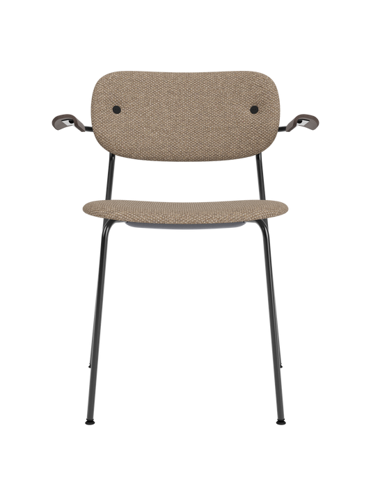 Logan Flint upholstered Co Dining Chair with dark stained oak armrests and a sleek black powder-coated steel frame.