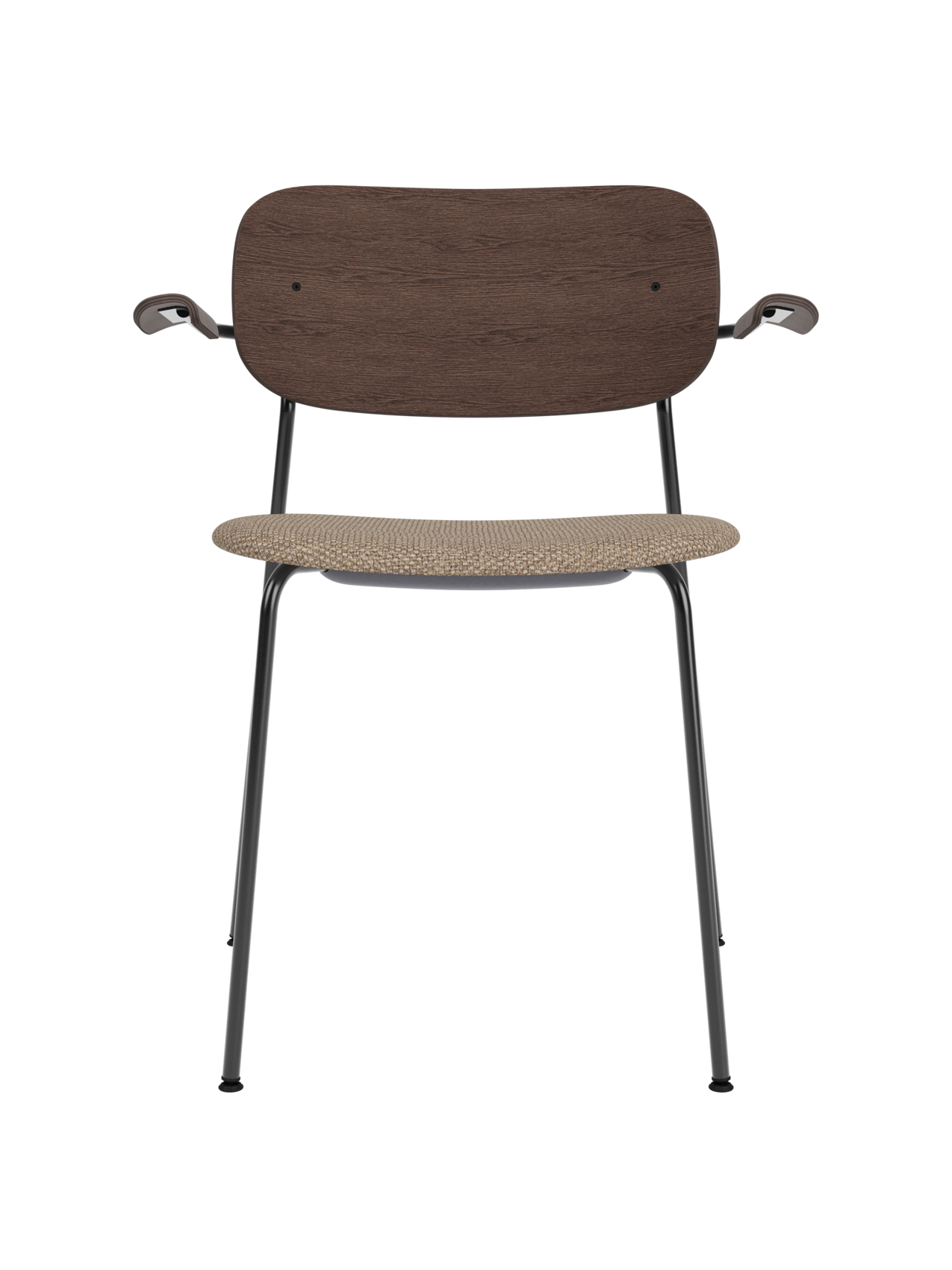 Co Dining Chair with armrests, featuring a dark stained oak backrest and Logan Flint upholstered seat on a black frame.