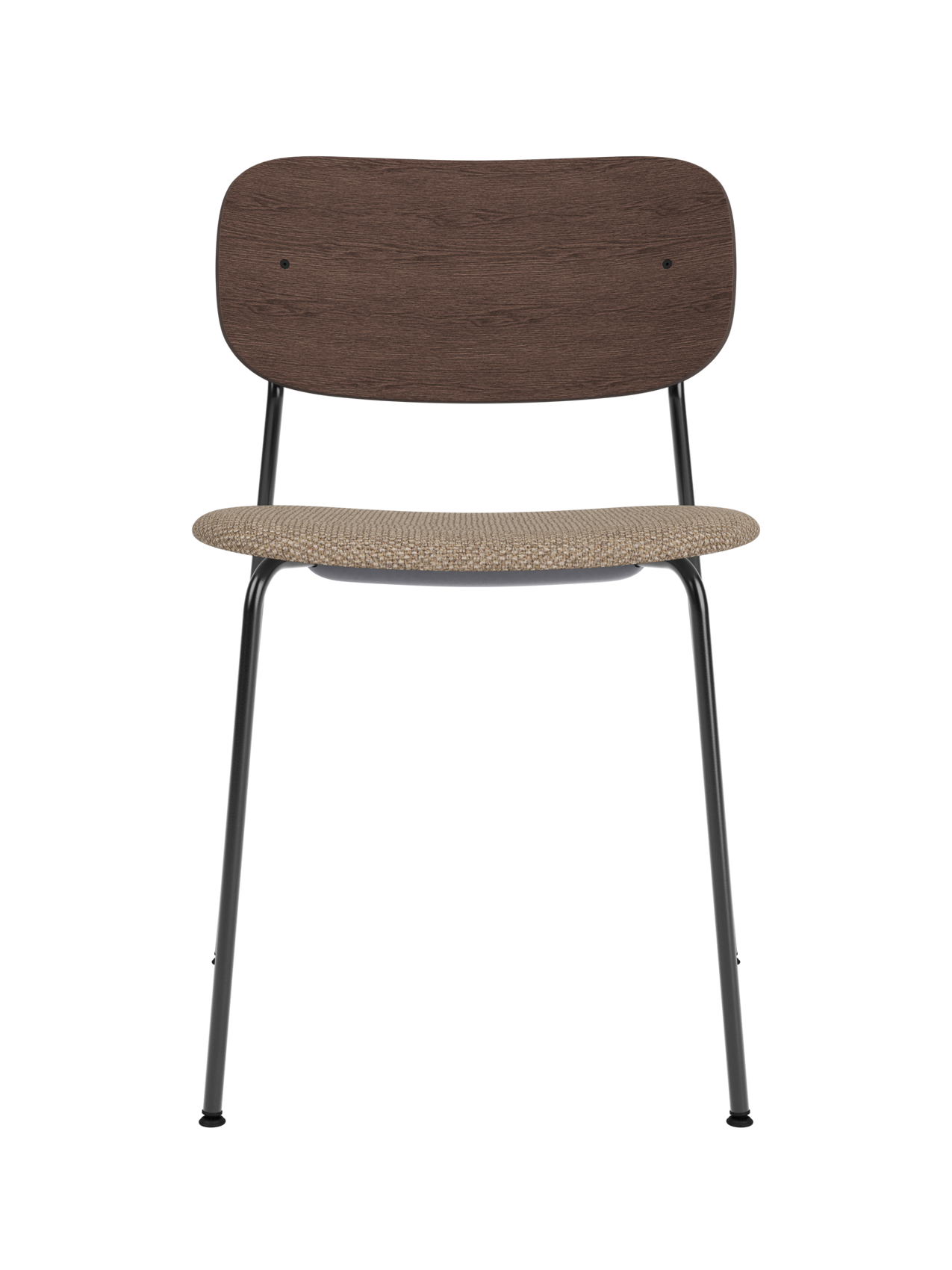 Co Dining Chair with black steel frame, dark stained oak backrest and textured Logan Flint upholstered seat.