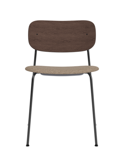 Co Dining Chair with black steel frame, dark stained oak backrest and textured Logan Flint upholstered seat.