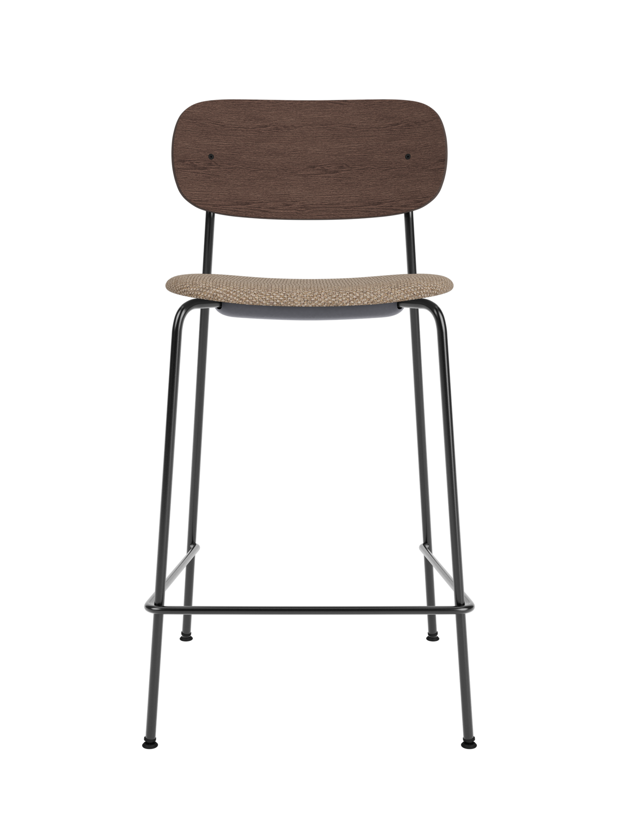 Dark stained oak Co Counter Chair with a Logan Flint upholstered seat and a slender black powder-coated steel frame.