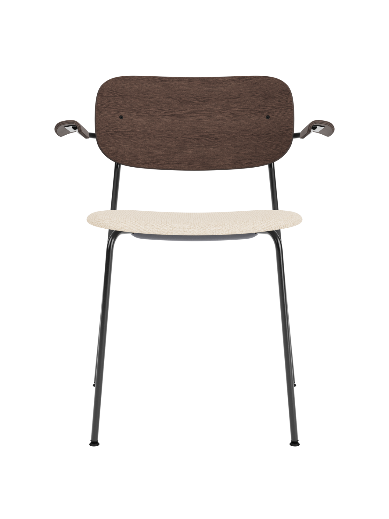 Co Dining Chair with armrests, black frame, dark stained oak backrest and beige Logan Jasmine upholstered seat.
