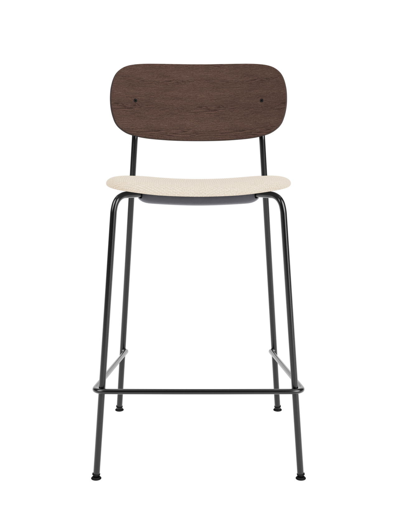 Co Counter Chair with a dark stained oak back and Logan Jasmine upholstered seat on a black powder-coated frame.