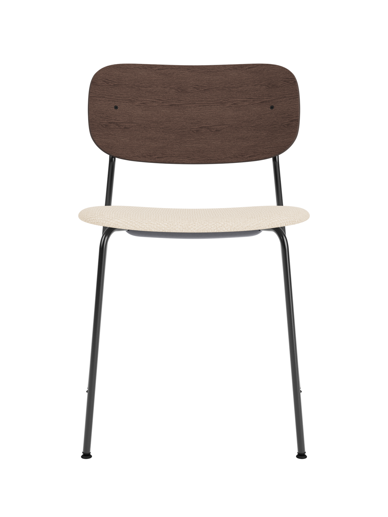 Co Dining Chair featuring a dark stained oak backrest and Logan Jasmin upholstered seat on a slim black metal frame.