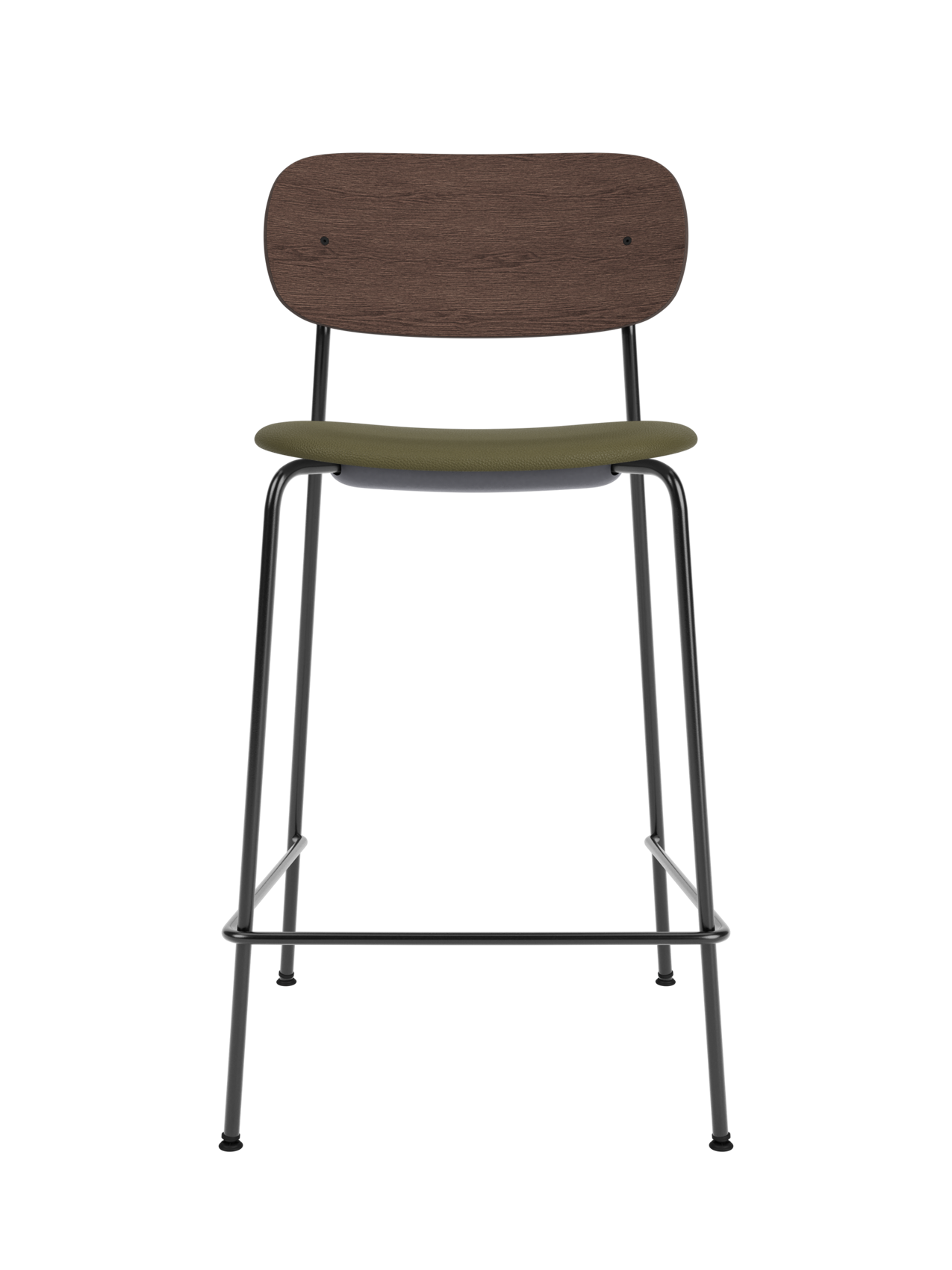 Co Counter Chair featuring a dark stained oak backrest, green Sierra 0441 upholstered seat, and black steel frame.