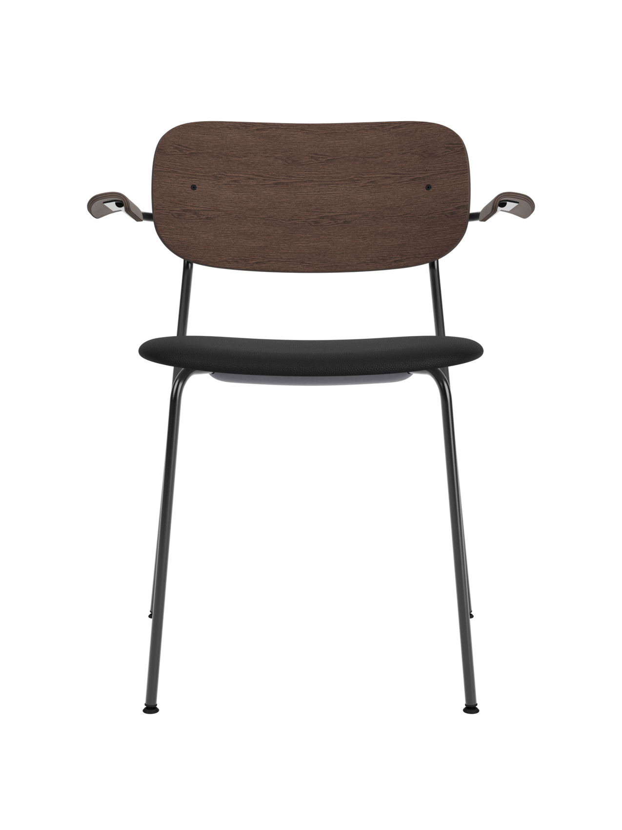 Co Dining Chair with armrests, featuring a dark stained oak backrest and black upholstered seat on a sleek black frame.
