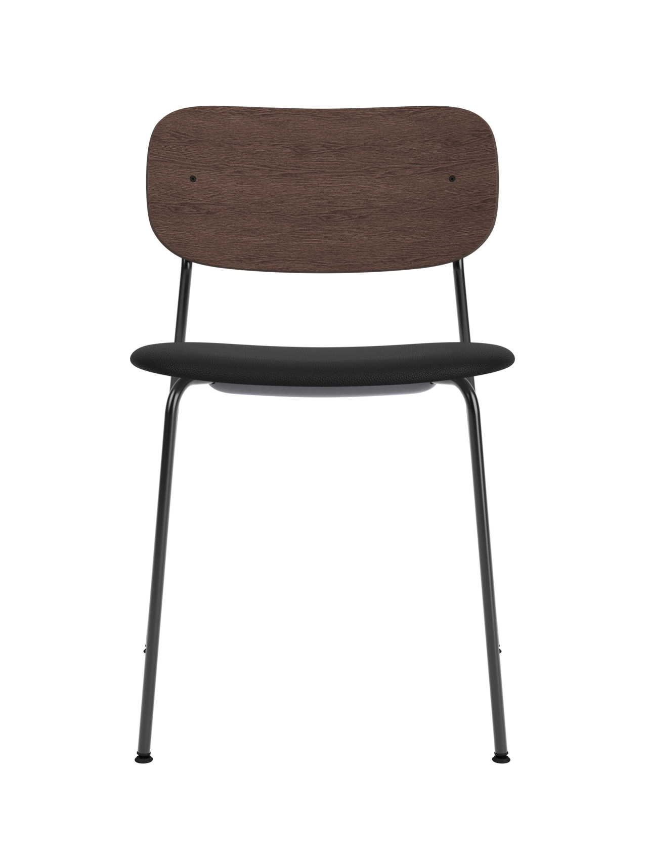 Co Dining Chair featuring a black steel frame, dark stained oak backrest, and black Sierra leather upholstered seat.