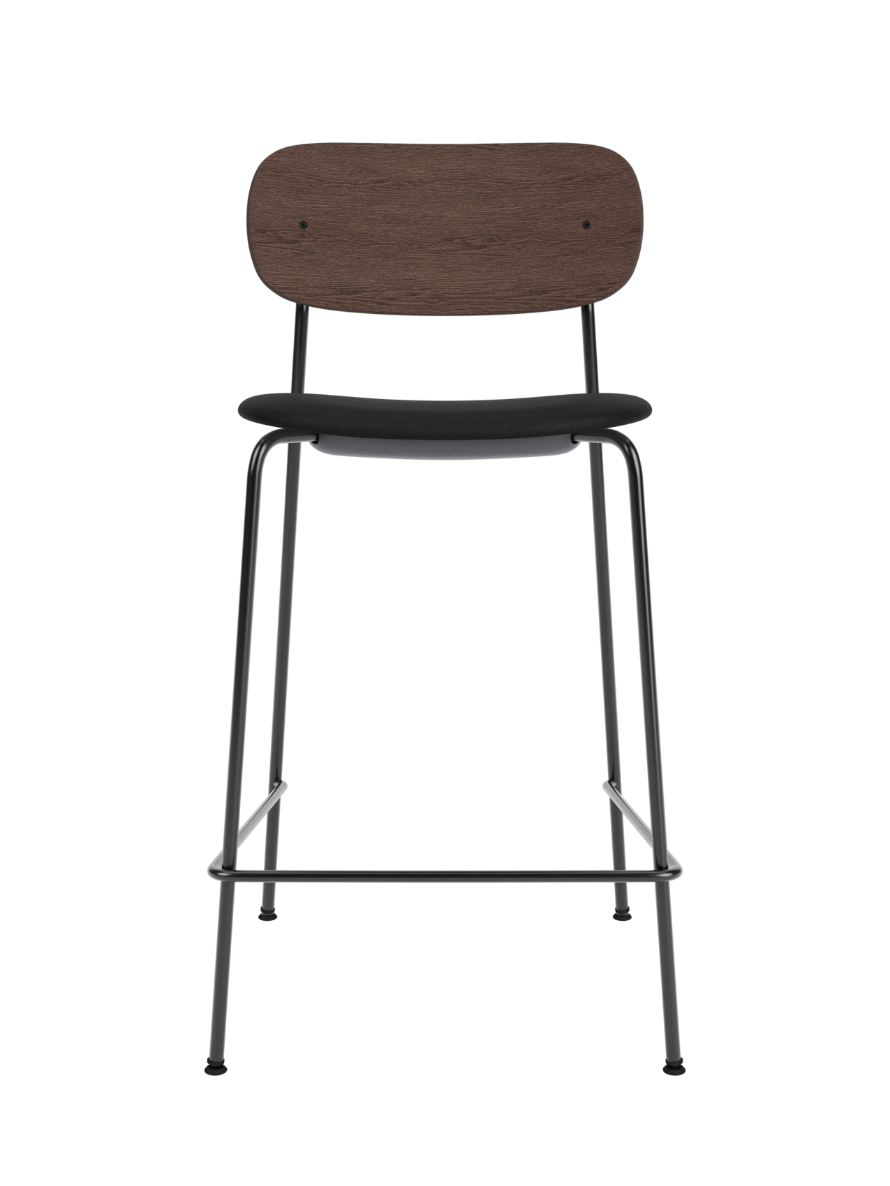 Co Counter Chair featuring a black upholstered seat, dark-stained oak backrest and slender black steel frame.