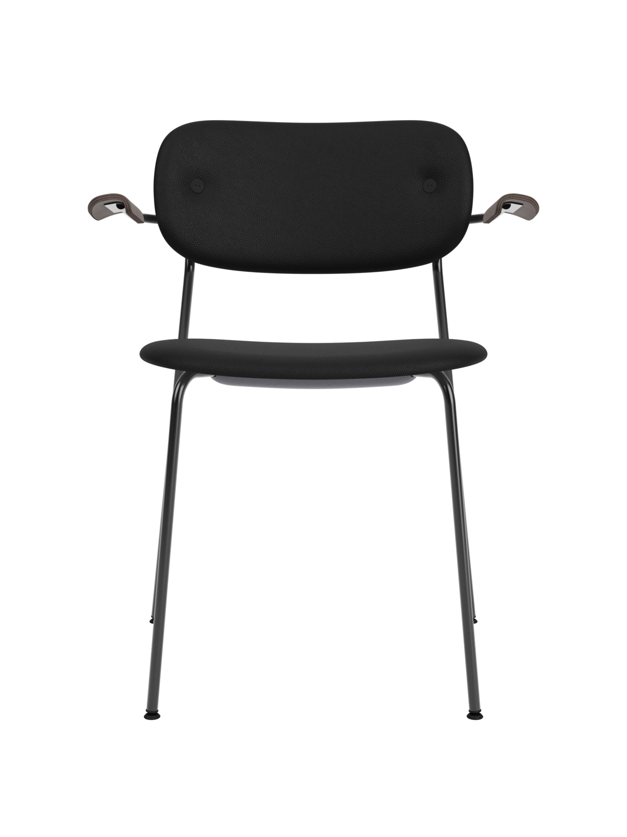 Black fully upholstered Co Dining Chair with dark stained oak armrests and a sleek powder-coated steel frame.