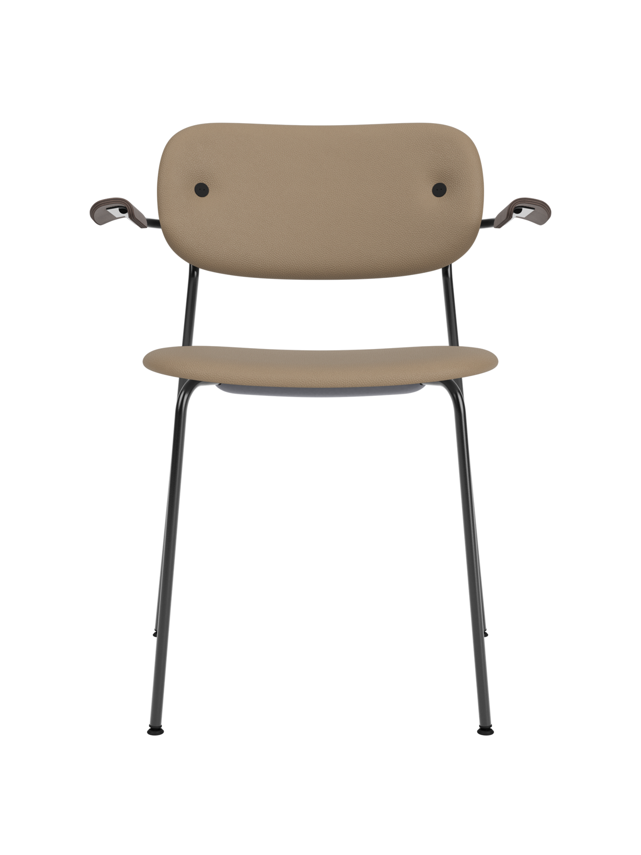 Co Dining Chair, fully upholstered in tan Sierra leather with dark stained oak armrests and black steel frame.
