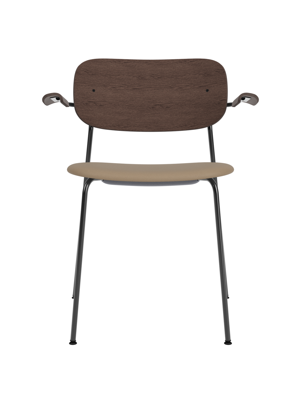 Co Dining Chair with armrests, black frame, dark stained oak backrest and Sierra 1611 upholstered seat.