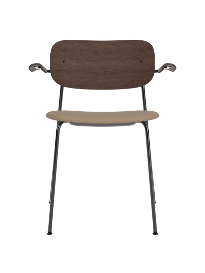 Co Dining Chair with armrests, black frame, dark stained oak backrest and Sierra 1611 upholstered seat.