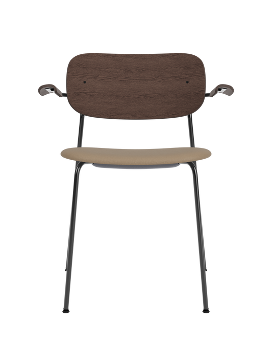 Co Dining Chair with armrests, black frame, dark stained oak backrest and Sierra 1611 upholstered seat.