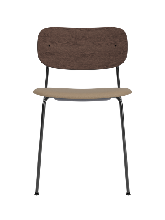 Co Dining Chair featuring a black frame, dark stained oak backrest and tan Sierra 1611 leather upholstered seat.