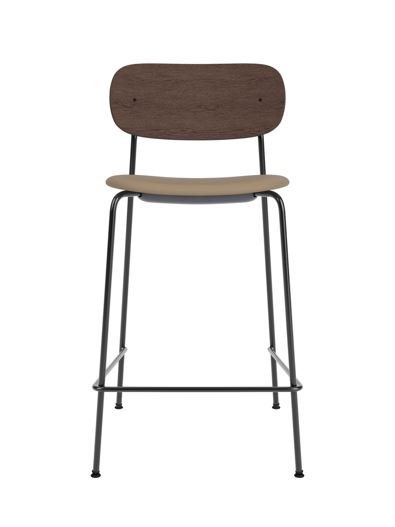 Co Counter Chair with a dark stained oak back and tan Sierra 1611 upholstered seat on a slim black steel frame.