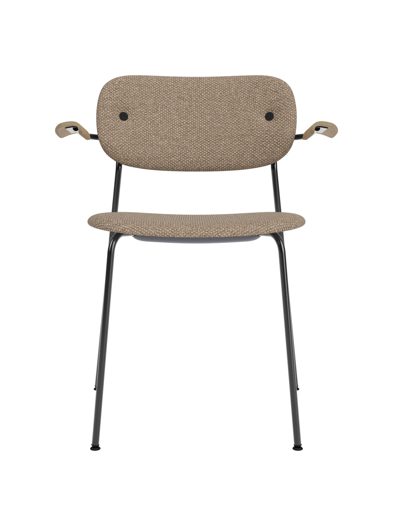 Fully upholstered Co Dining Chair in Logan Flint fabric with natural oak armrests and a sleek black steel frame.