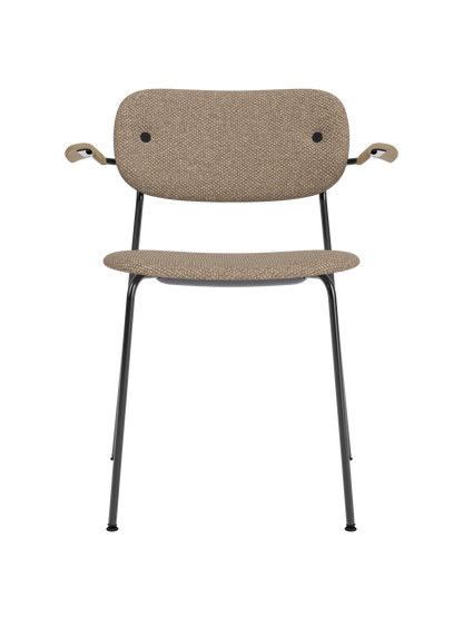 Fully upholstered Co Dining Chair in Logan Flint fabric with natural oak armrests and a sleek black steel frame.