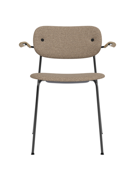Fully upholstered Co Dining Chair in Logan Flint fabric with natural oak armrests and a sleek black steel frame.