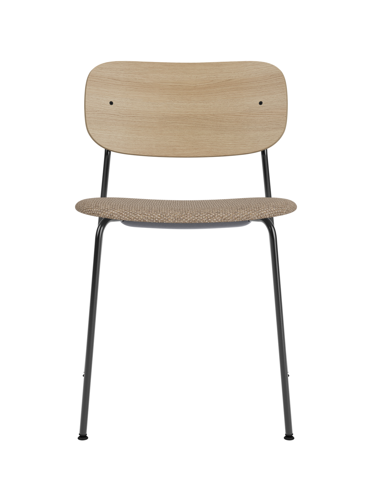 Co Dining Chair featuring a natural oak back, black steel frame, and textured Logan Flint upholstered seat.