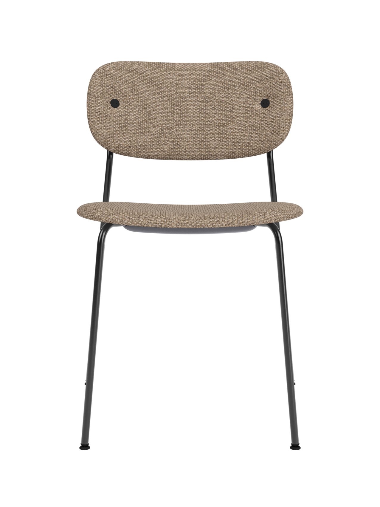 Fully upholstered Co Dining Chair in textured Logan Flint fabric with a sleek black steel frame and rounded back.