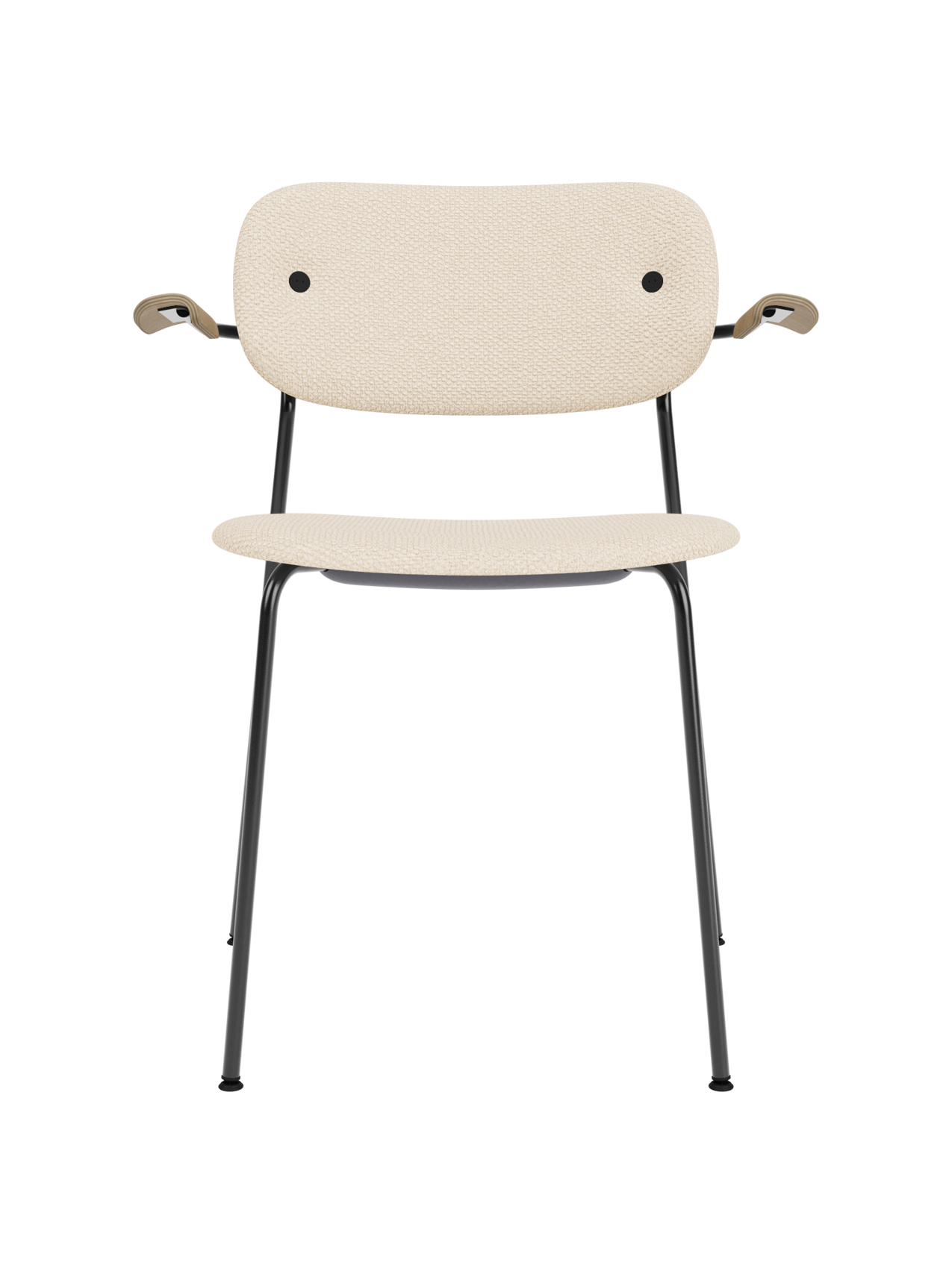 Co Dining Chair with armrests in beige Logan Jasmine upholstery, natural oak and a black powder-coated steel frame.