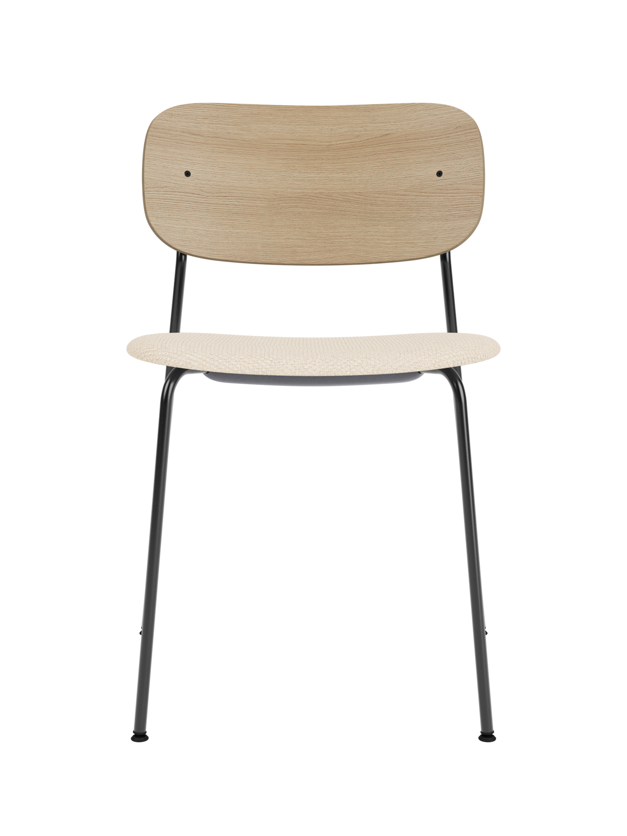 Co Dining Chair with a black steel frame, natural oak backrest and beige Logan Jasmine upholstered seat.