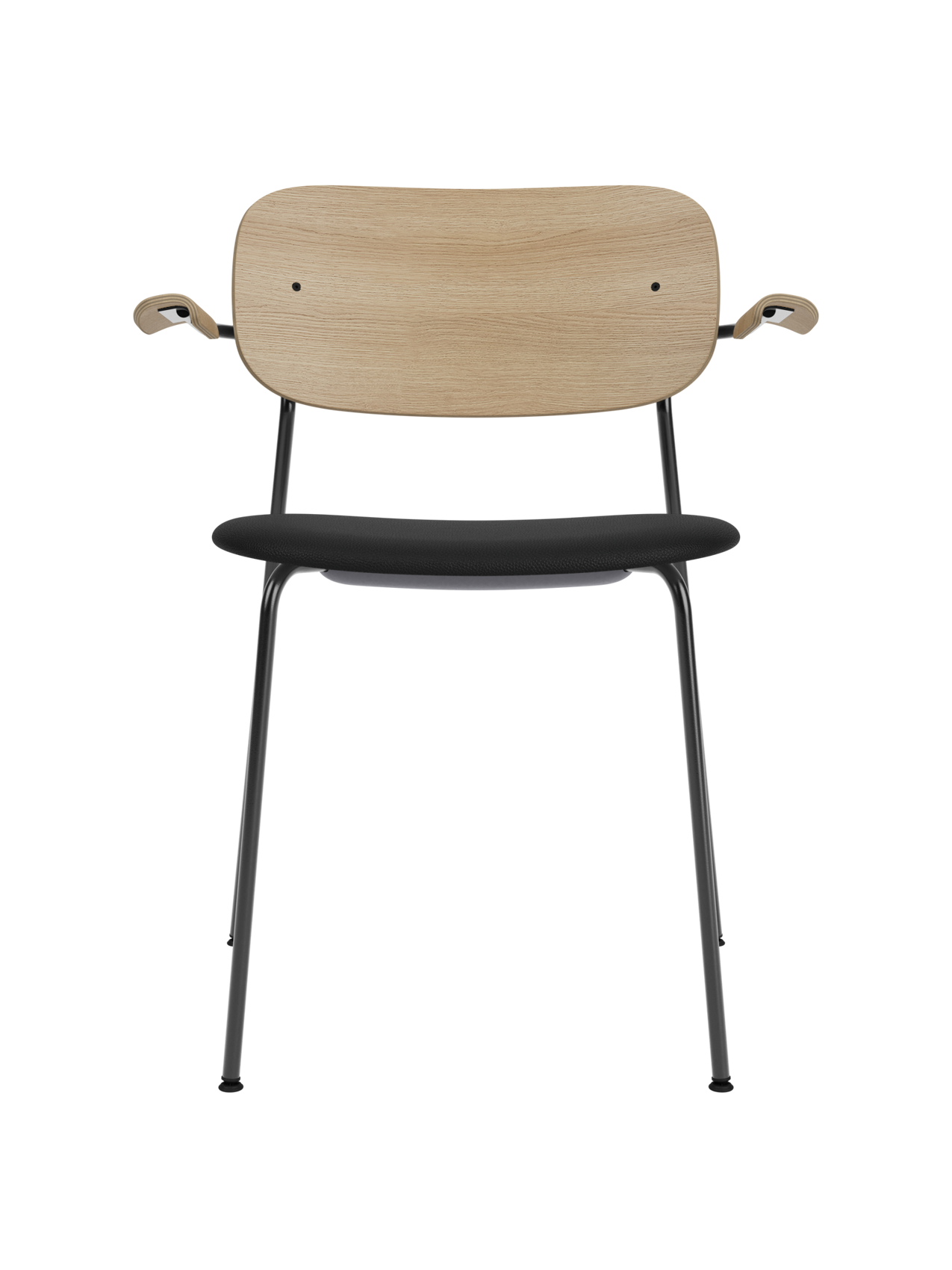 Co Dining Chair with armrests, natural oak backrest and black upholstered seat on a minimalist black steel frame.