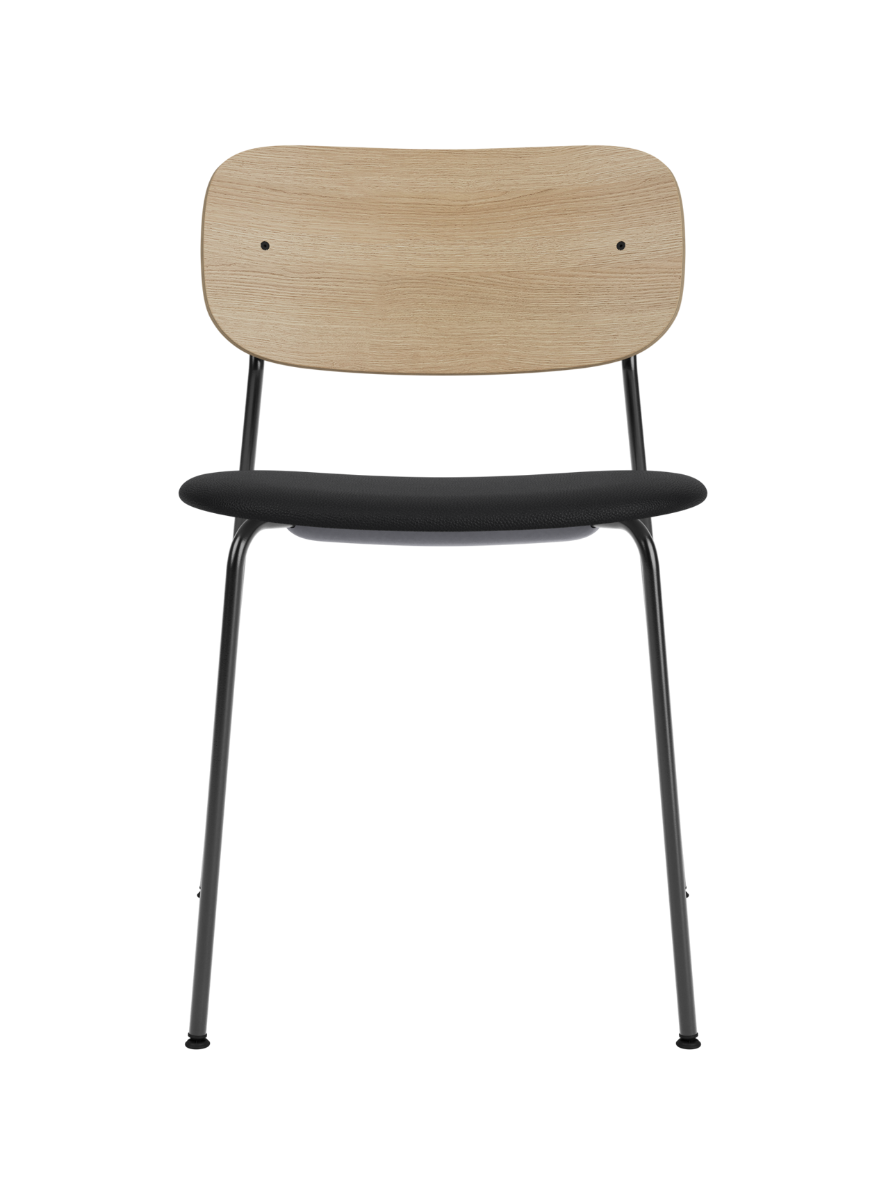 Co Dining Chair featuring a natural oak backrest, black upholstered seat and a slim black steel frame.