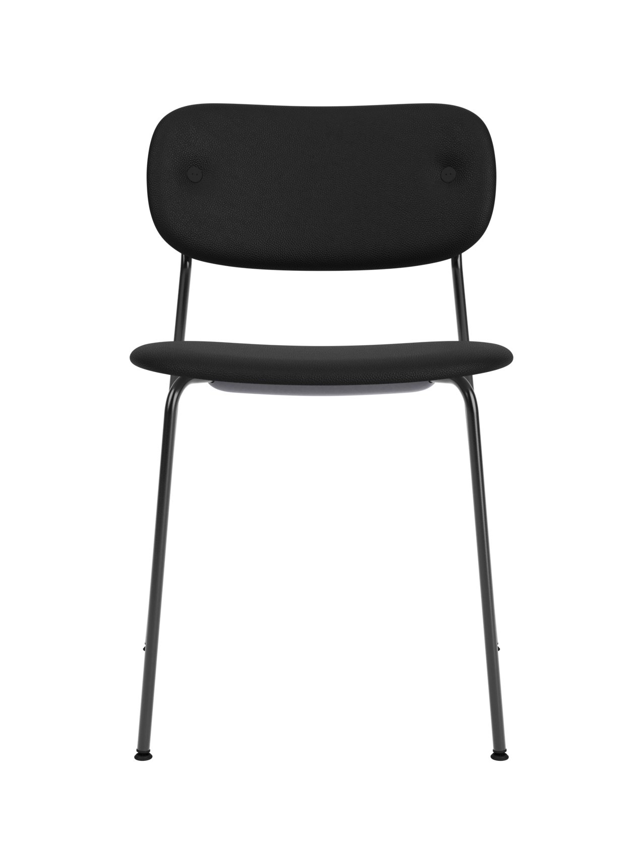 Fully upholstered Co Dining Chair in black Sierra leather with a slender black steel frame, viewed from the front.